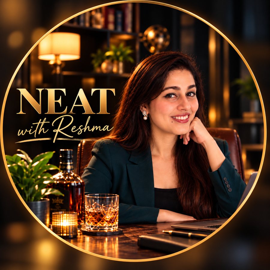 Reshma at her desk on the NEAT with Reshma set, with the NEAT with Reshma logo